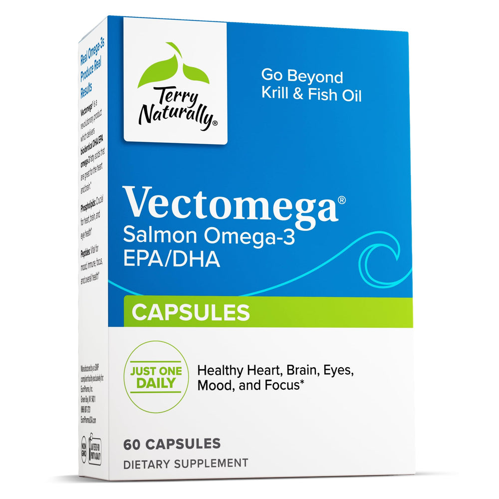 Terry Naturally Vectomega bottle front shows phospholipid-bound omega-3 capsules for heart and brain support.