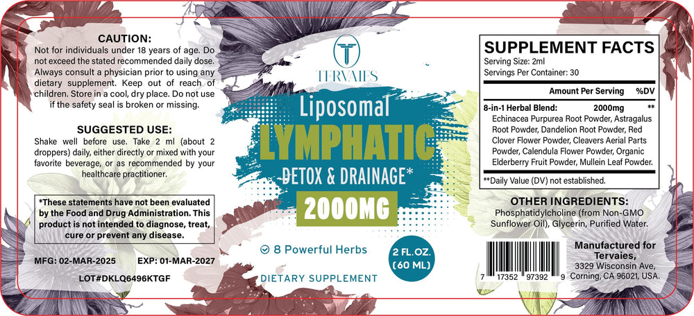Tervaies Liposomal Lymphatic Drops elderberry and echinacea notes on label