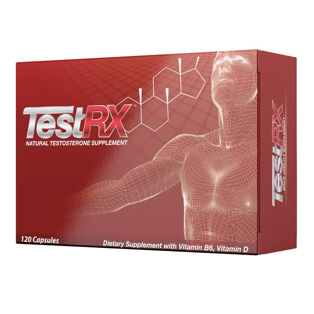 TESTRX testosterone booster bottle with label, suggesting natural muscle support.