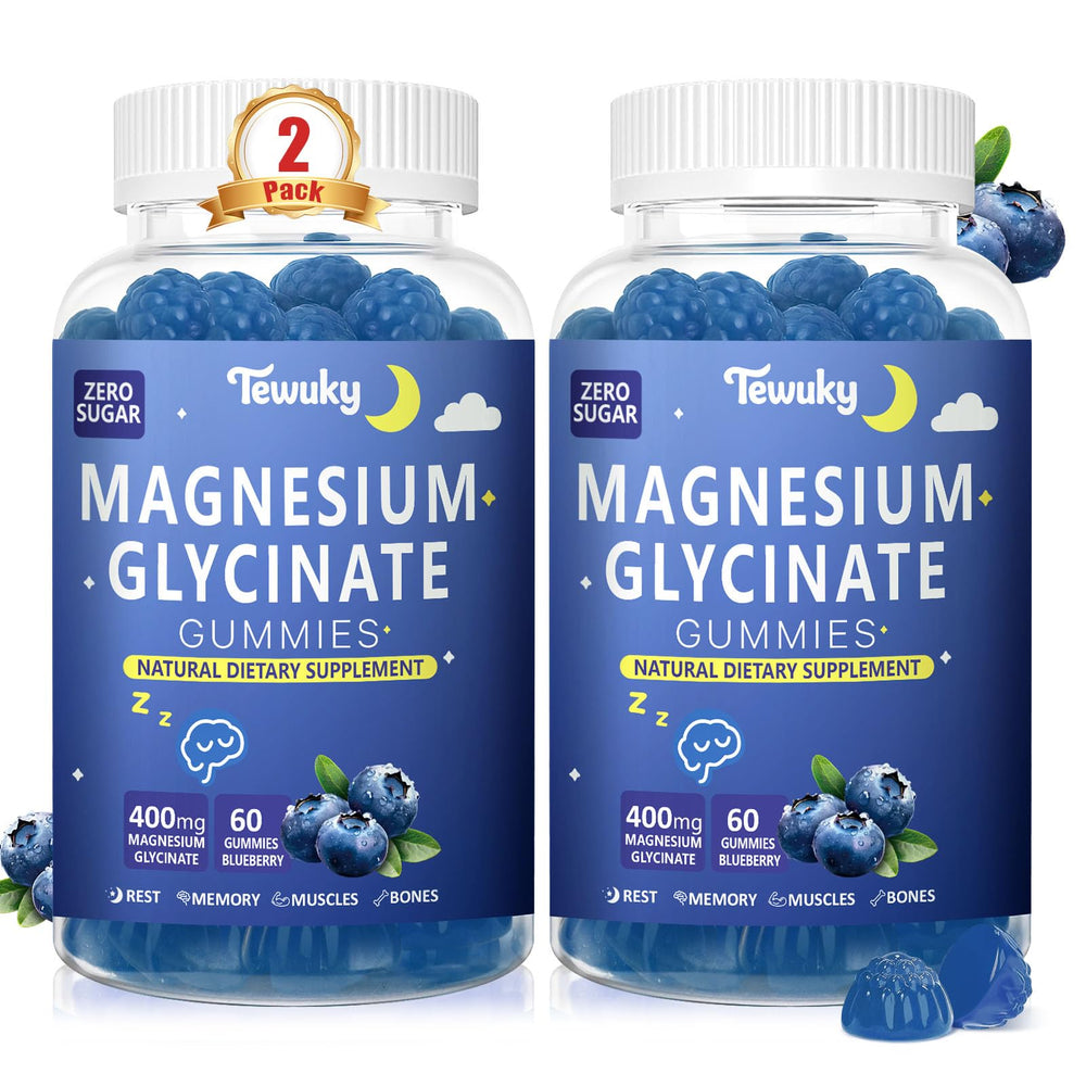 Tewuky Magnesium Glycinate Gummies blue bottle highlighting relaxing blueberry flavor for restful nights