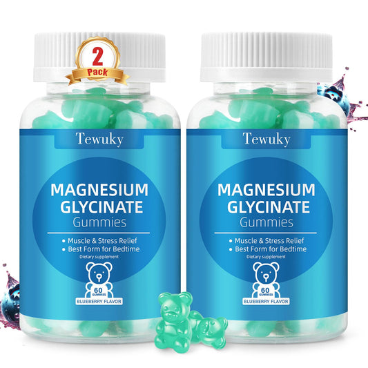 Tewuky magnesium glycinate gummies packaging on shelf for daily wellness.