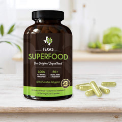 Texas SuperFood bottle on shelf implies GMP quality and eco-conscious packaging.