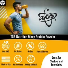 TGS Nutrition 100 Whey Protein powder being dispensed with a neutral base