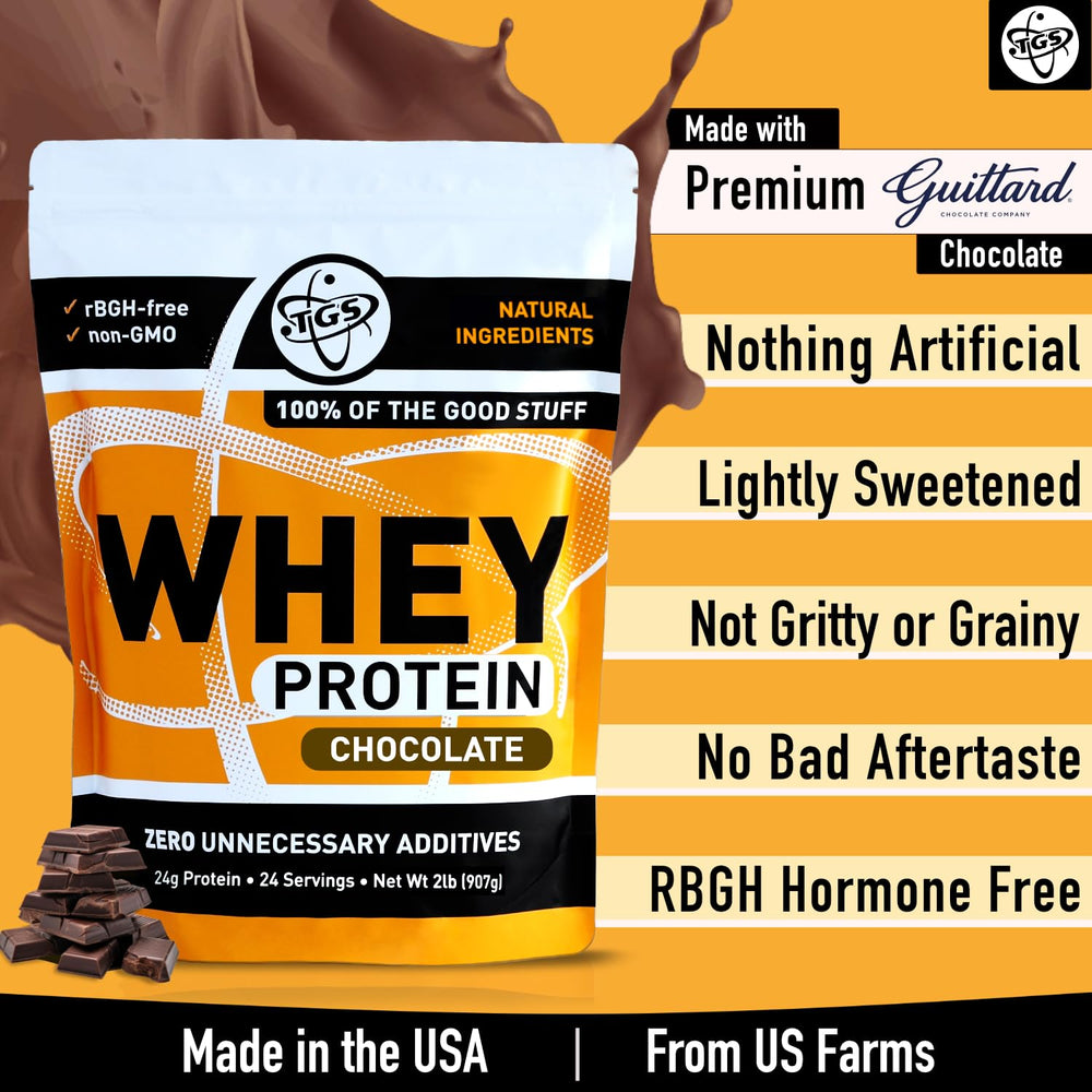 Creamy milk shake made with TGS Nutrition chocolate whey powder.