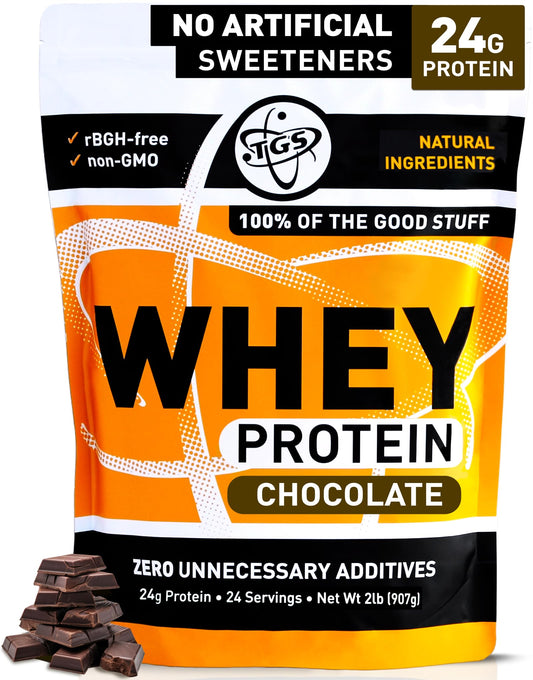 TGS Nutrition chocolate whey protein tub (2lb) shown for lean muscle support.