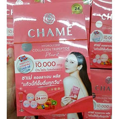 TH Chame box and sachets on display imply portable collagen support for daily routines.