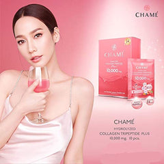 TH Chame sachets pouring into water, convenient skin nourishment ritual.