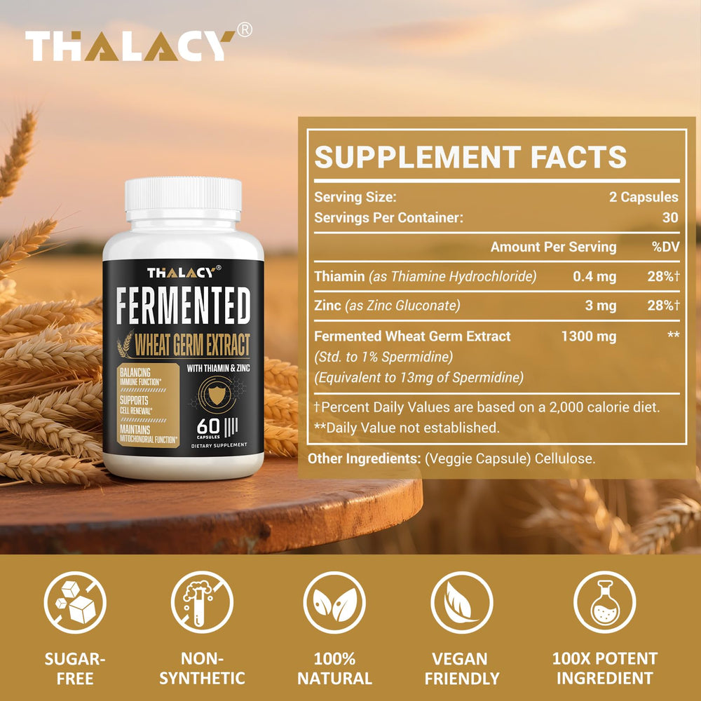 Thalacy fermented wheat germ capsules highlighting potent spermidine content.