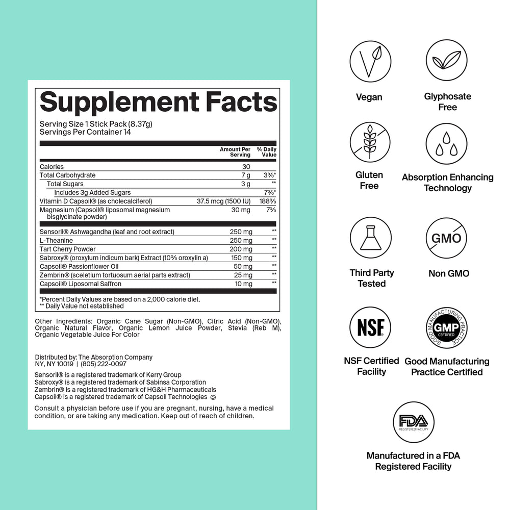 The Absorption Company Calm Drink Mix sticks pack for on-the-go stress relief.