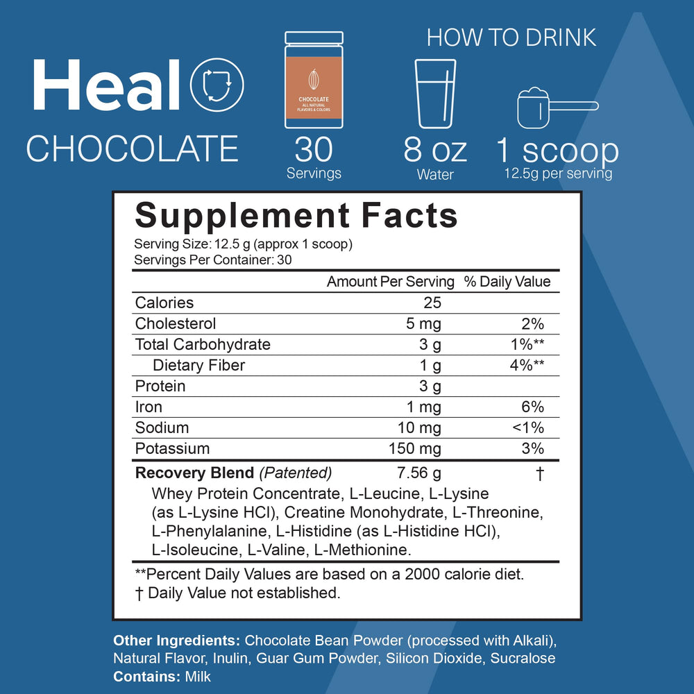 Heal chocolate powder close-up showing EAAs and BCAAs blend.