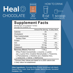 Heal chocolate powder close-up showing EAAs and BCAAs blend.