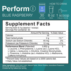 The Amino CO Perform blue raspberry dissolves easily in water for a refreshing lift.