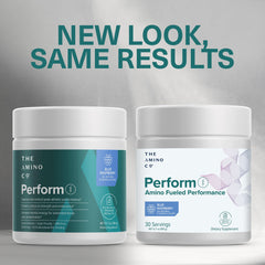 The Amino CO Perform blue raspberry powder scoop beside bottle for quick measurement.