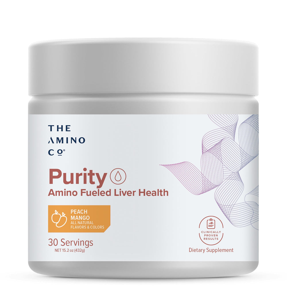 The Amino Co Purity liver detox bottle shows peach mango flavor for daily liver support.