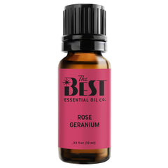 The Best Essential Oil Co Rose Geranium bottle for aromatherapy and mood uplift.
