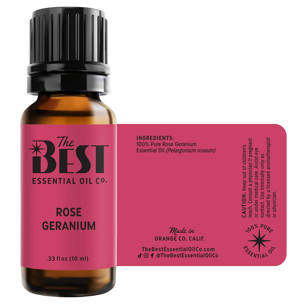 The Best Essential Oil Co Rose Geranium packaging with label and cap.