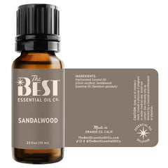 Packaging and labeling of The Best Essential Oil Co sandalwood bottle.
