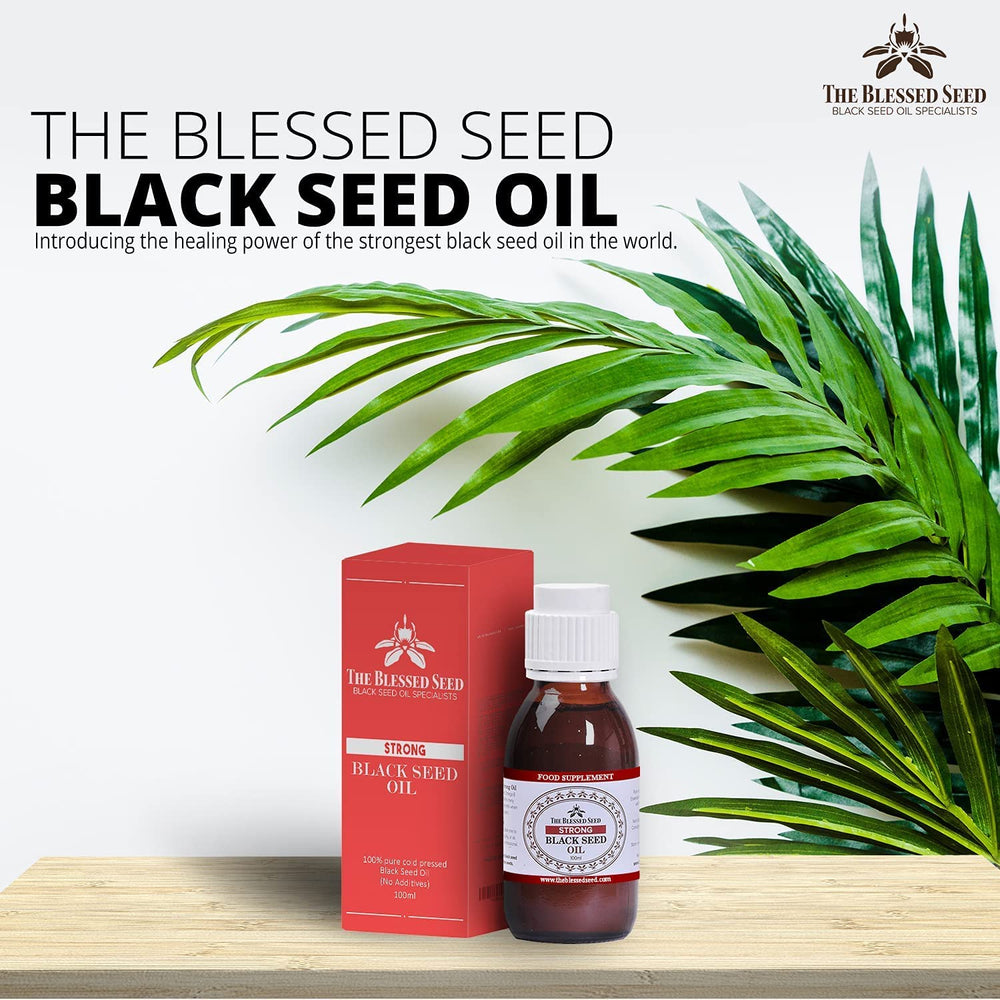 The Blessed Seed oil pour spout image, convenient dispensing without mess.