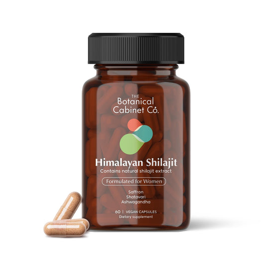 The Botanical Cabinet Co. Shilajit for Women bottle shows premium capsules for daily vitality.