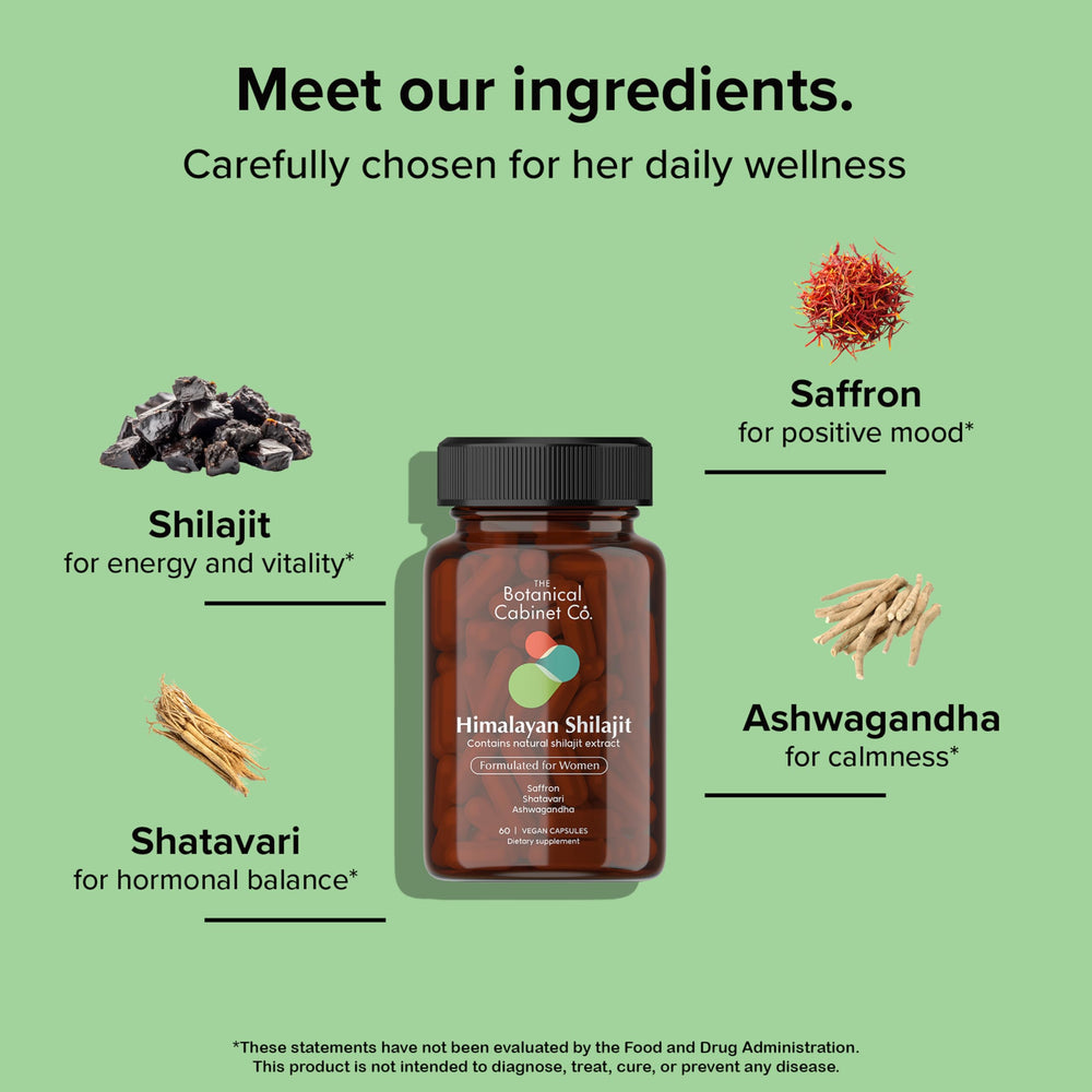 The Botanical Cabinet Co. Shilajit for Women capsules demonstrate Piperine-enhanced absorption.