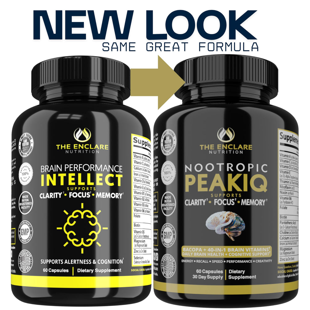 The Enclare Intellect packaging showcases premium nootropics in a science-backed bottle