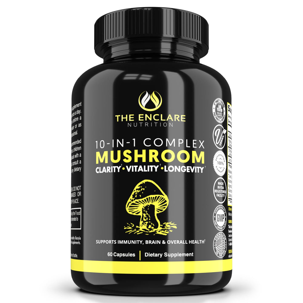 The Enclare Nutrition Mushroom 10in1 bottle highlights an immune support blend for daily wellness.