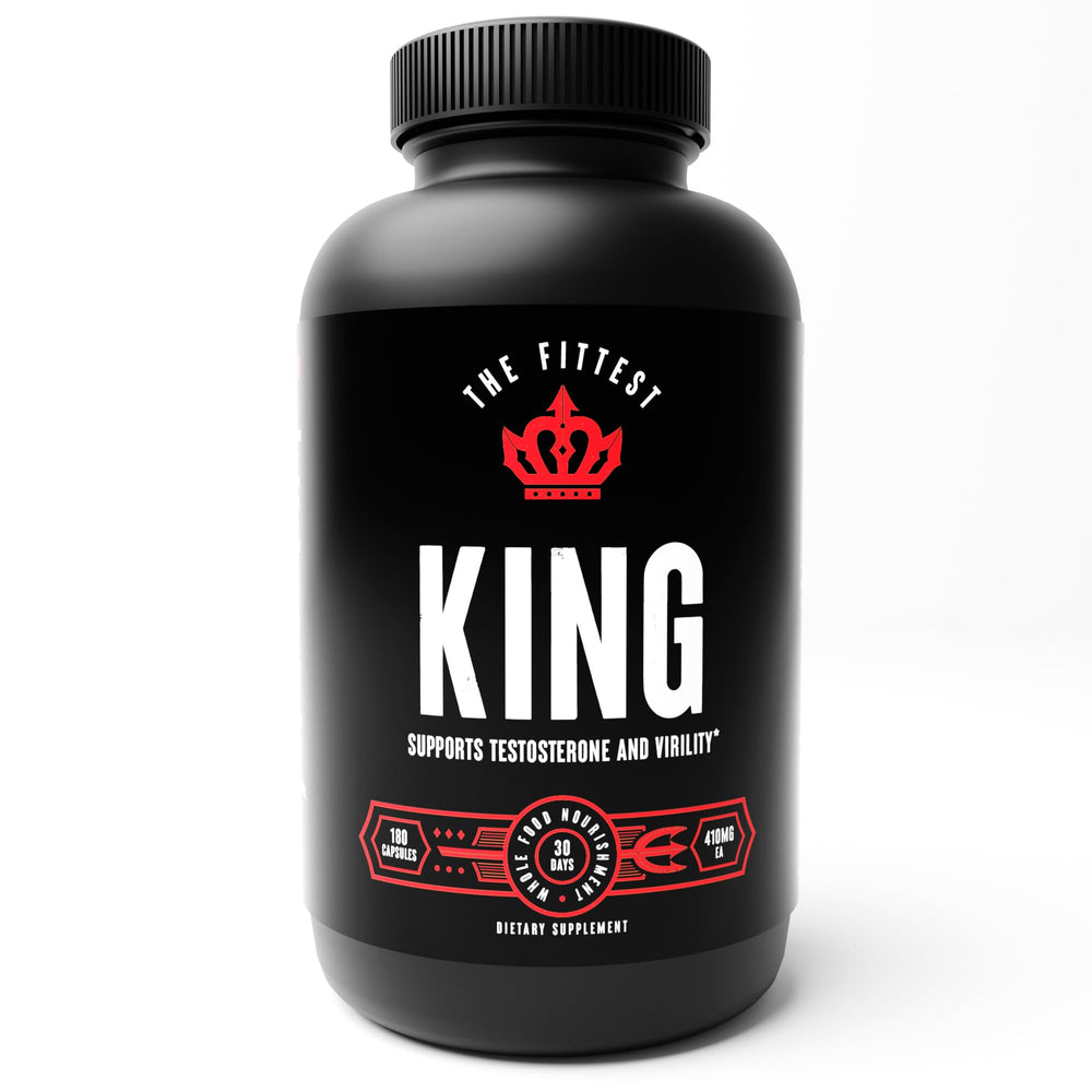 The Fittest King bottle front showing packaging for vitality and energy support.