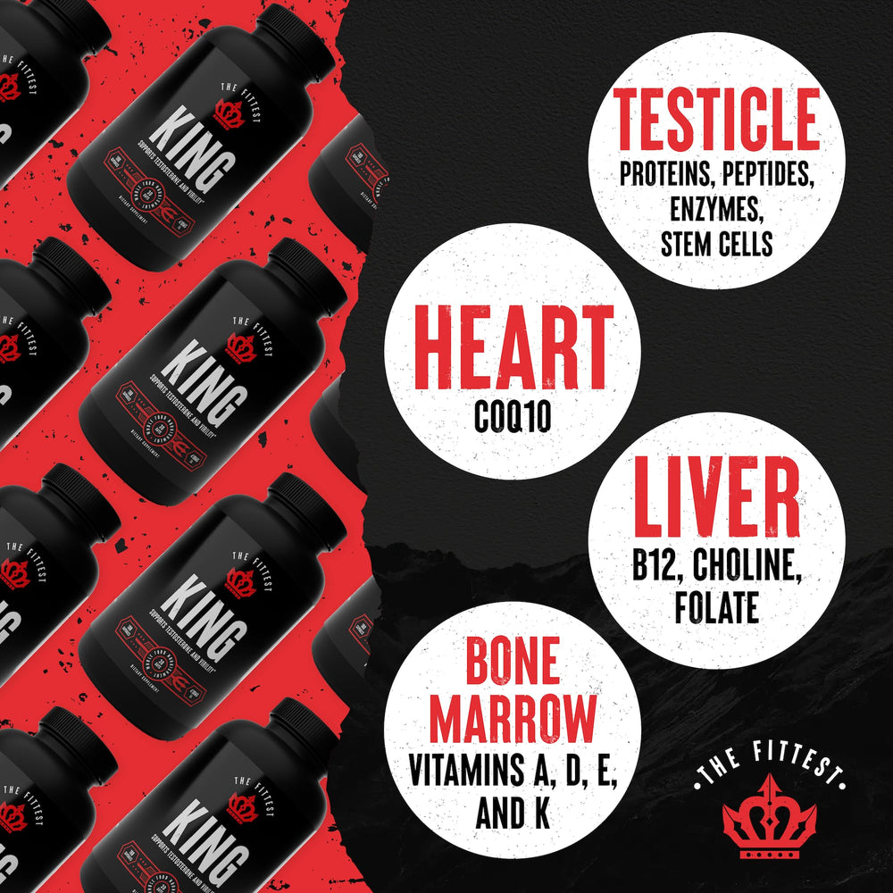 The Fittest King liver capsules close-up highlighting vitamins and energy nutrients.