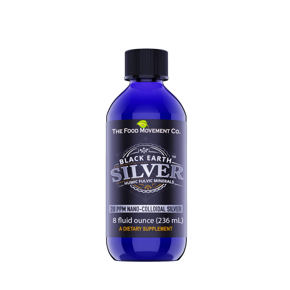 The Food Movement Black Earth Silver bottle on white, ready for daily immune support.