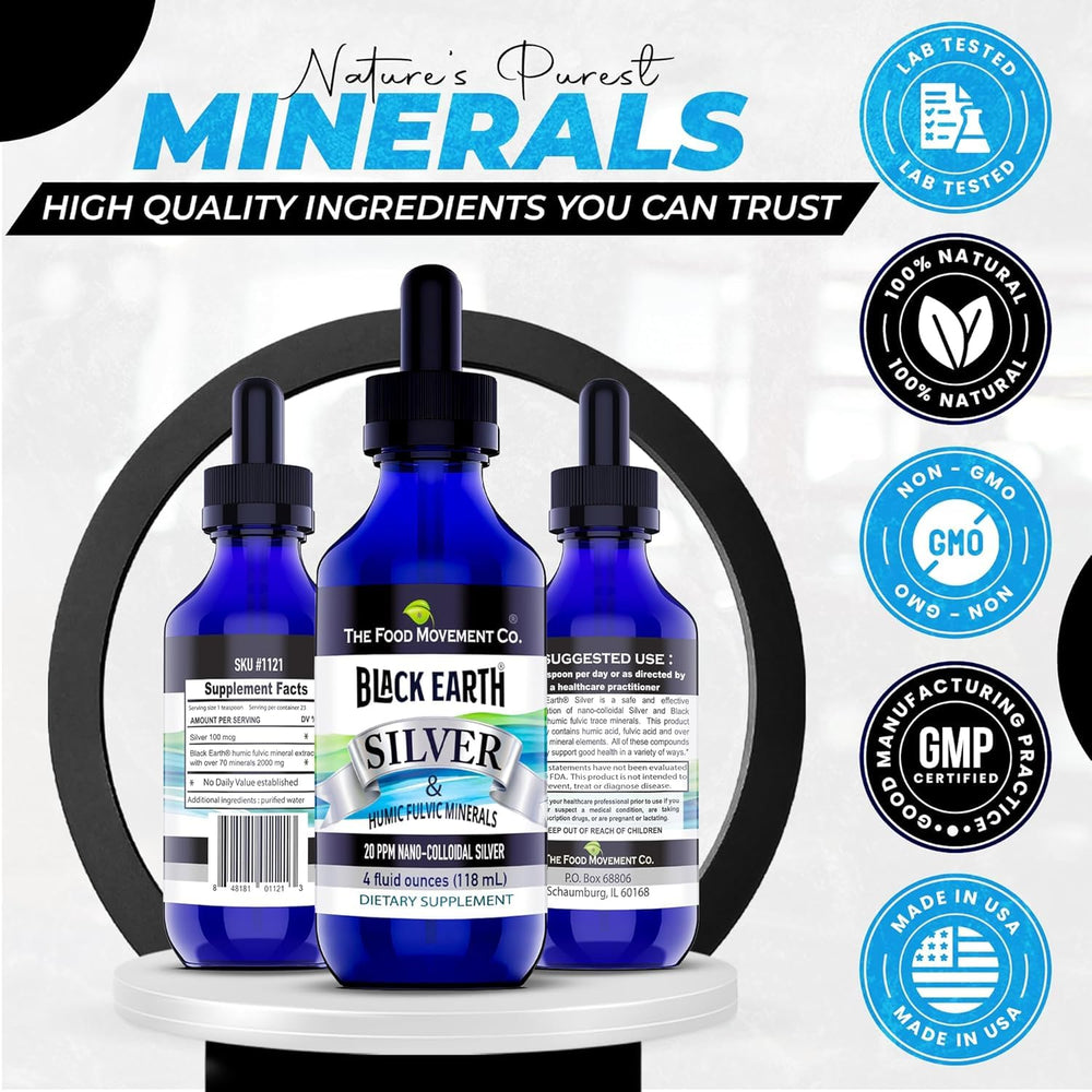 The Food Movement Black Earth Silver ingredients graphic showing trace minerals.