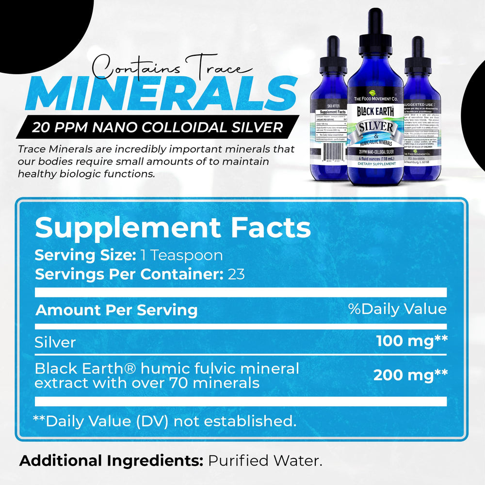 The Food Movement Black Earth Silver label close-up highlighting humic fulvic blend.