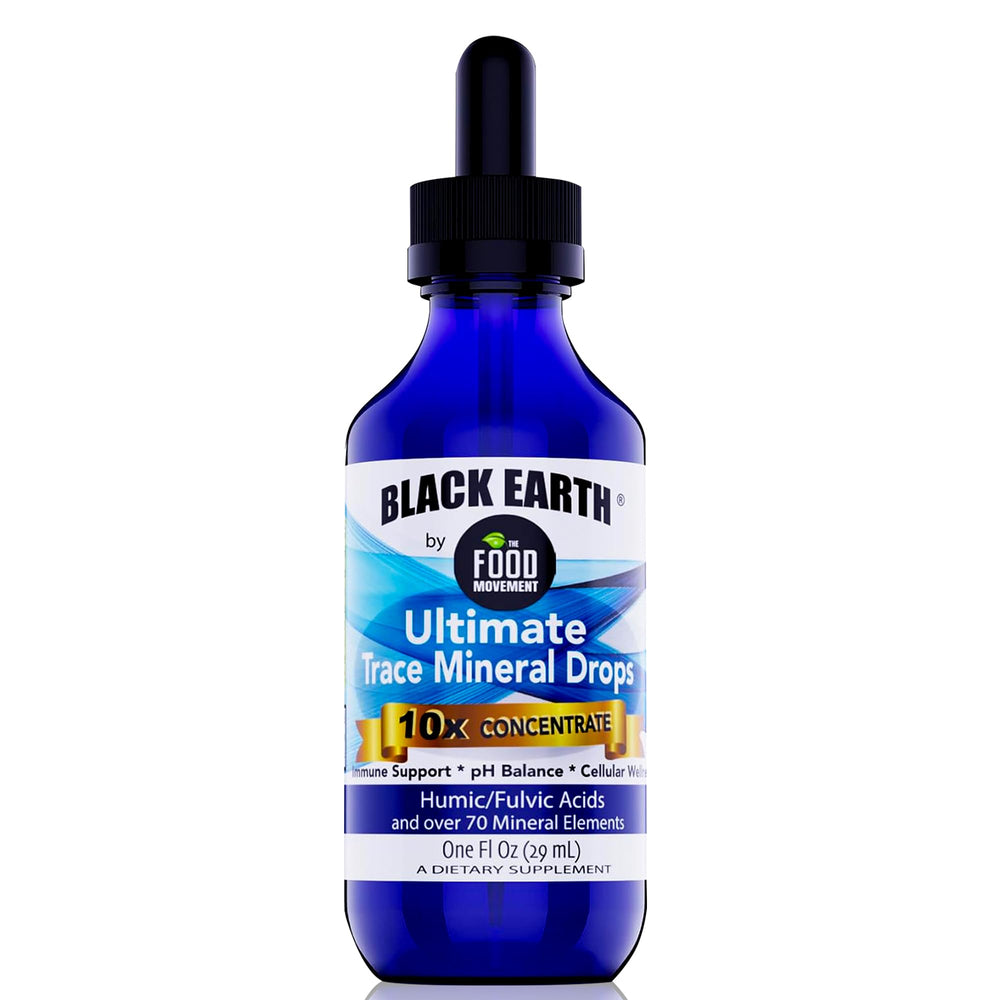 The Food Movement Co. Black Earth bottle label closeup highlighting a 70+ trace minerals blend for daily wellness.