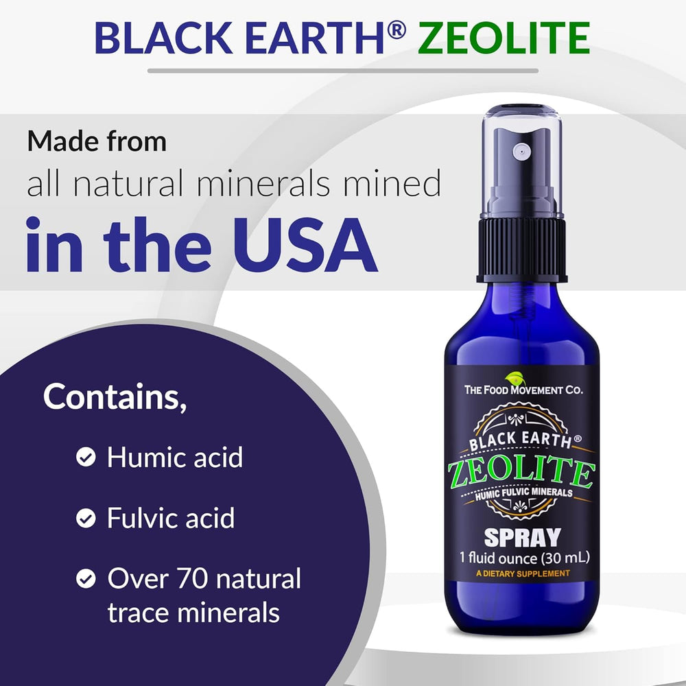 Black Earth Zeolite Humic Fulvic acids graphic emphasizes nutrient-rich minerals.