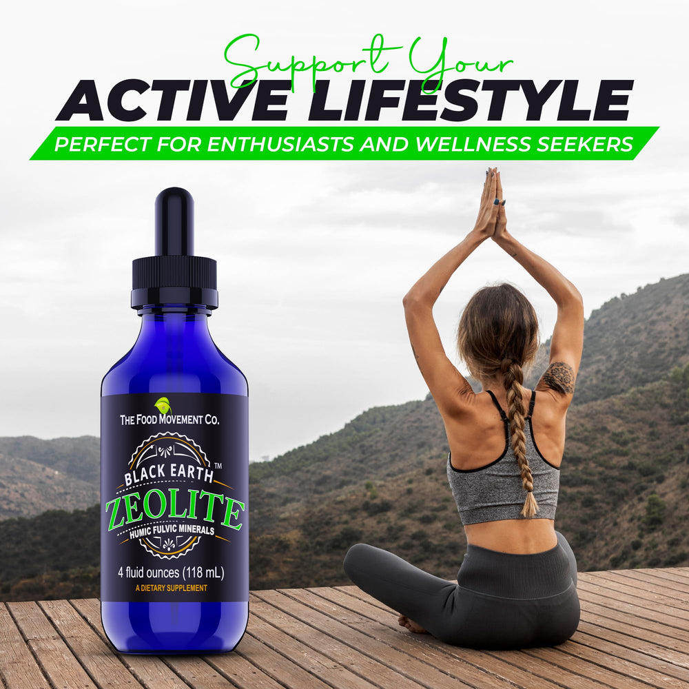 The Food Movement Co Black Earth Zeolite liquid form emphasizes quick absorption.