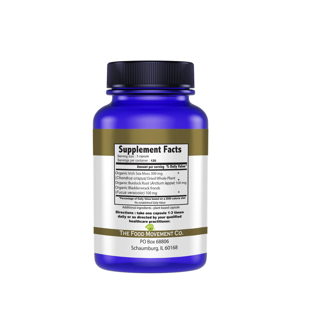 THE FOOD MOVEMENT CO. Sea Moss Master capsules close-up suggests vitality and balance