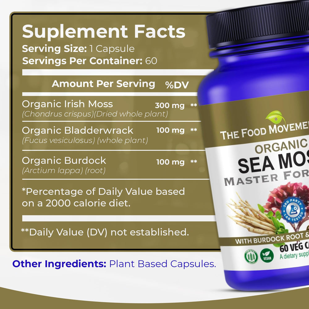 THE FOOD MOVEMENT CO. Sea Moss Master lab testing seal reinforces purity and potency