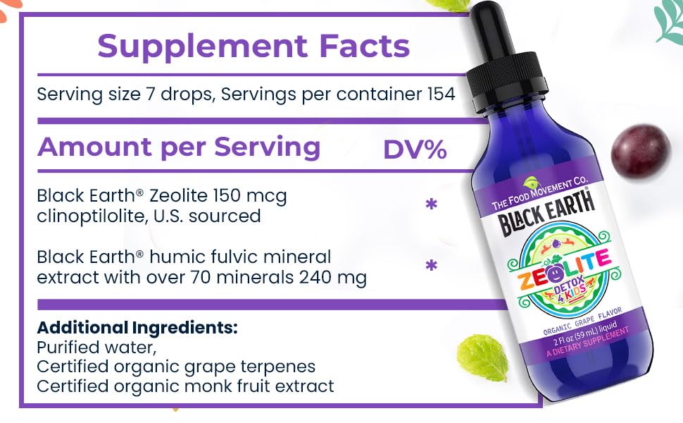 The Food Movement Co Zeolite Detox for Kids grape-flavored liquid ready for daily use.