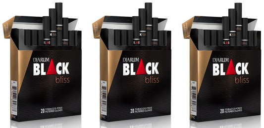 The Frugal Smoker Djarum Ivory Black Bliss pack highlights elegant clove-filtered cigarettes for a refined evening