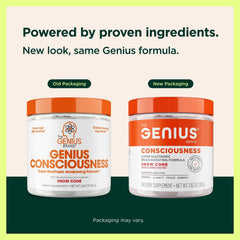 The Genius Brand Genius Consciousness bottle closeup shows capsules for clear focus.