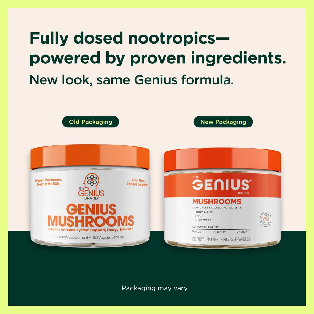 Genius Mushroom Supplement capsules close-up shows texture, ideal for daily focus.