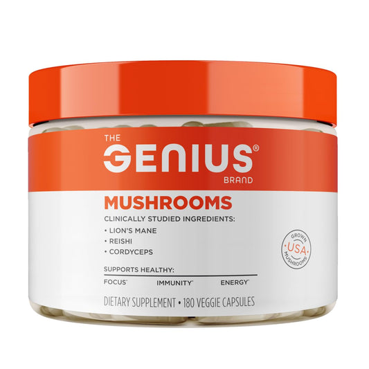 The Genius Brand Genius Mushroom Supplement front label highlights a full-spectrum blend.