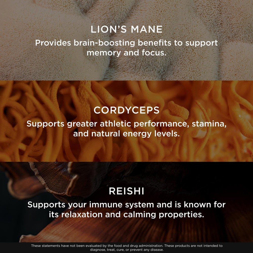 The label detail emphasizes Lion's Mane, Cordyceps, and Reishi for brain support.