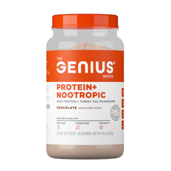 The Genius Brand Chocolate Protein Powder tub with scoop for post-workout recovery.