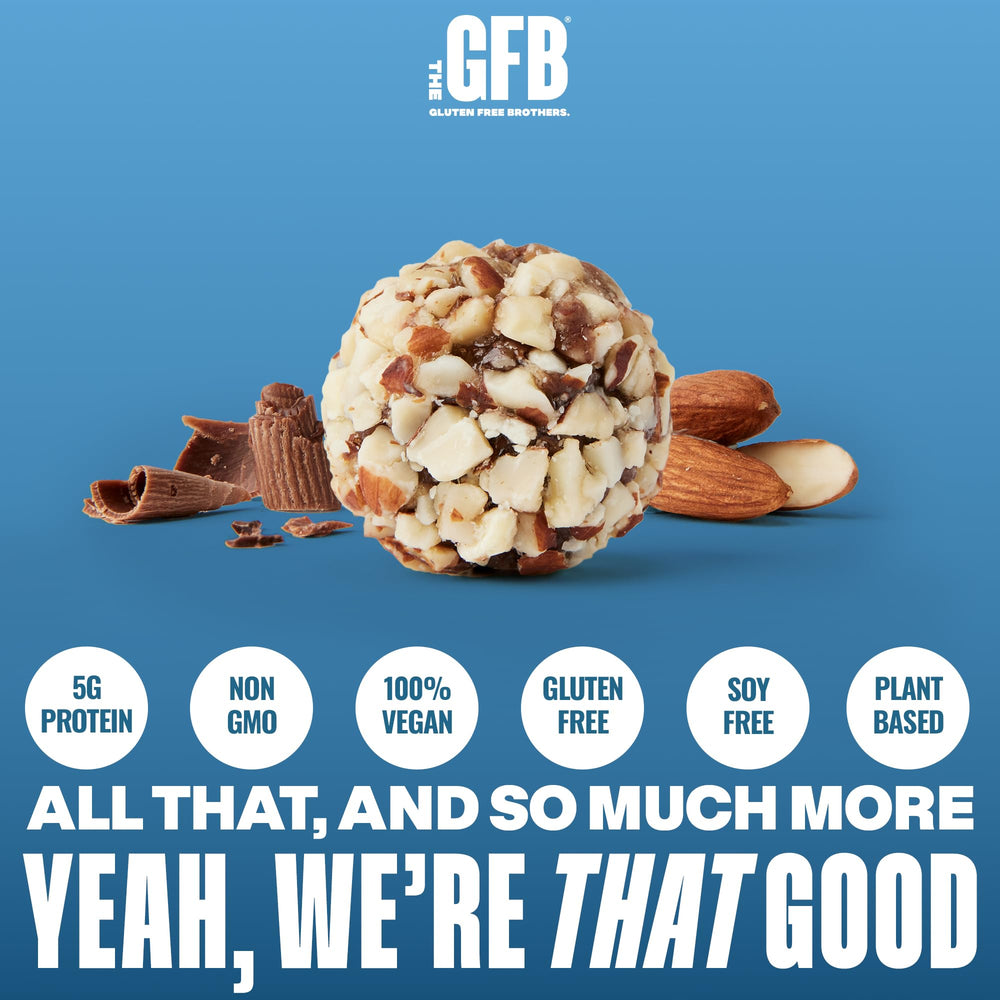 The GFB bites texture close-up shows crunchy almonds and smooth chocolate for a satisfying snack.