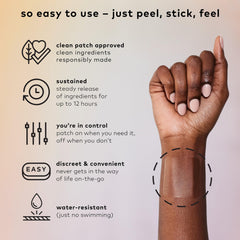 Be Calm patch packaging highlighting convenience and plant-based ingredients.