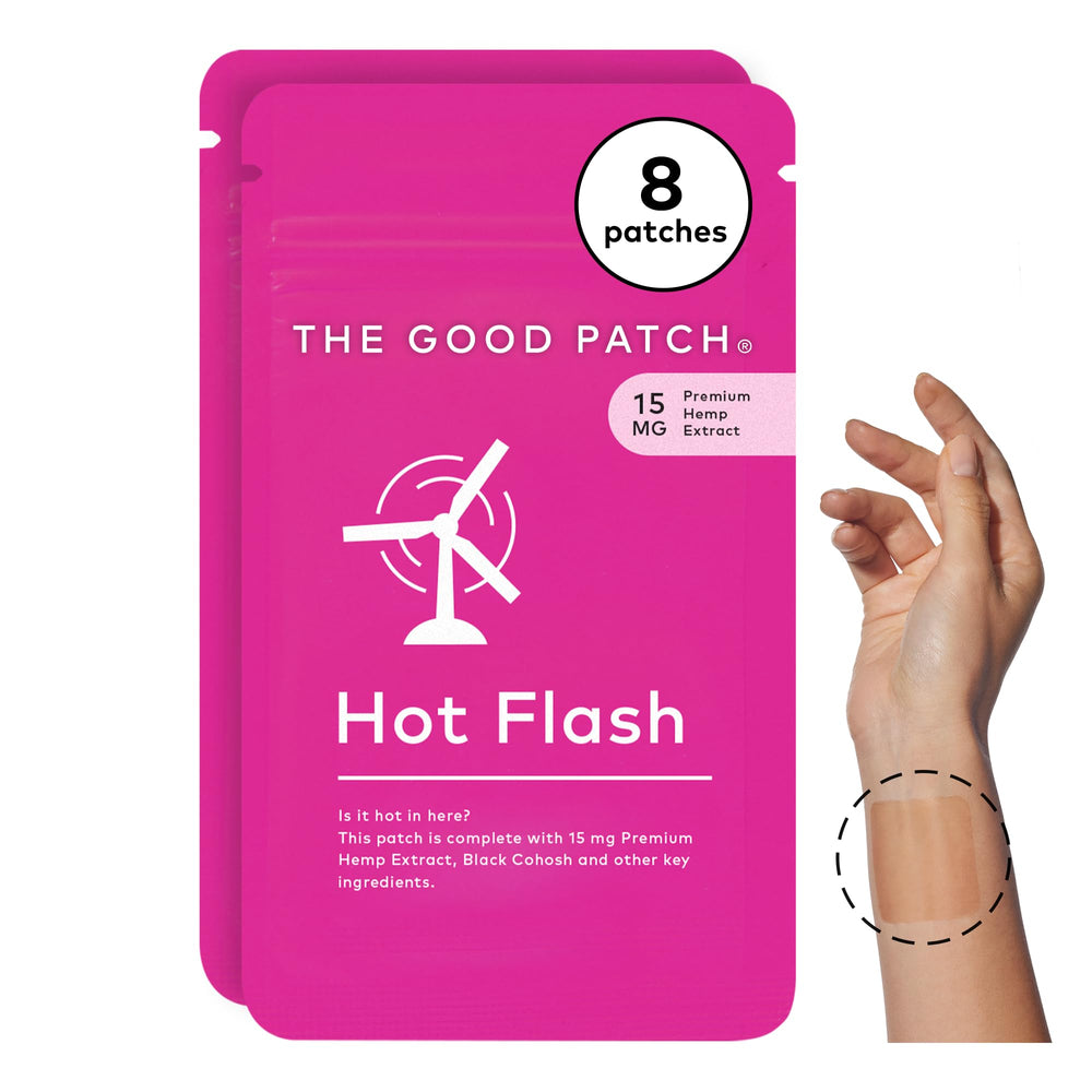 The Good Patch hot flash patch on wrist for discreet, sustained relief.