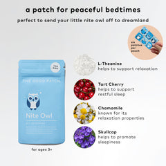 The Good Patch Nite Owl patch applied on a child's wrist for bedtime use.