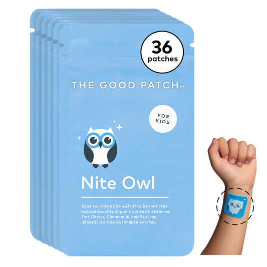 The Good Patch Nite Owl Patch applied to a child’s wrist for bedtime routine.
