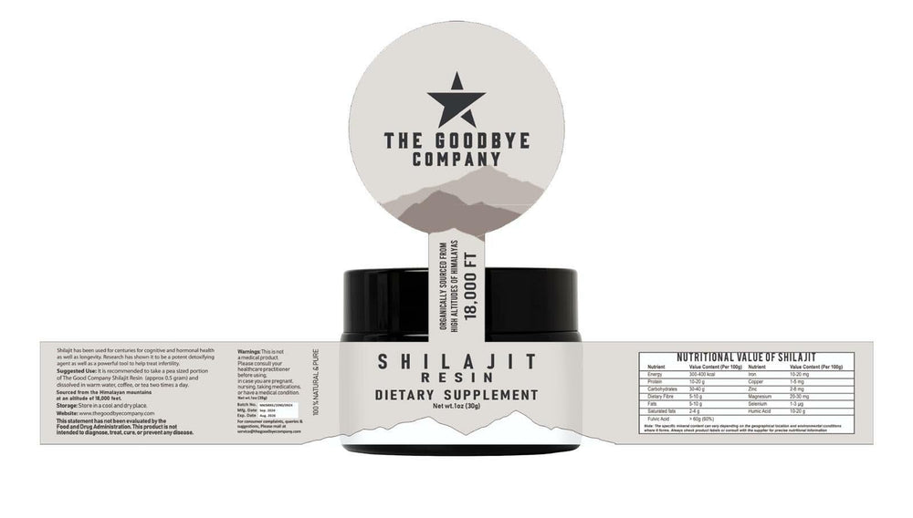The Goodbye Company Pure Shilajit Resin packaging confirms a 3-month supply.