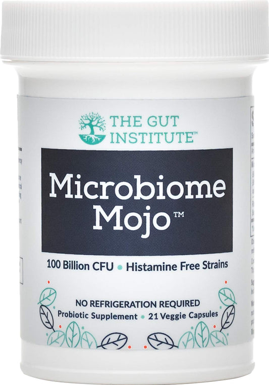 The Gut Institute Microbiome Mojo bottle front shows 2-in-1 probiotic blend for gut balance.